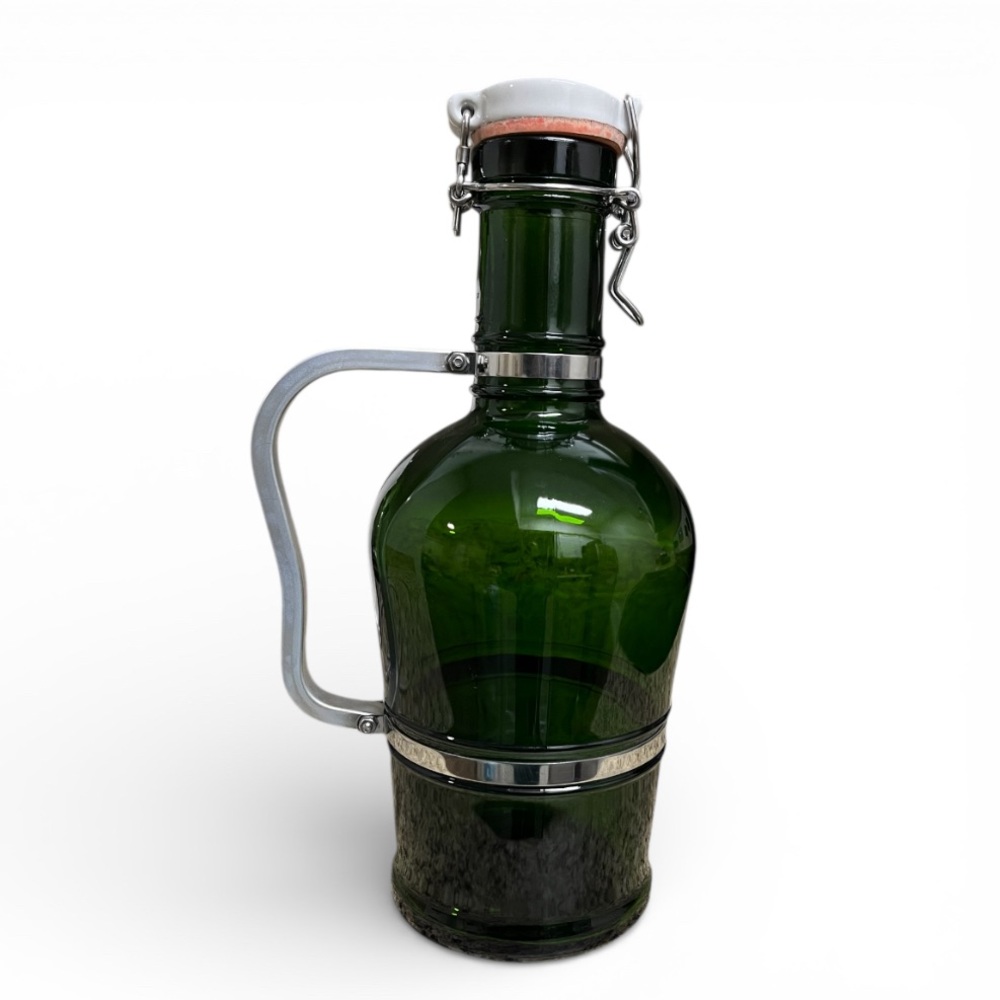 Vintage German Beer Stein 2 Liter Green Glass Ceramic Lid Muster Geschützt 13”